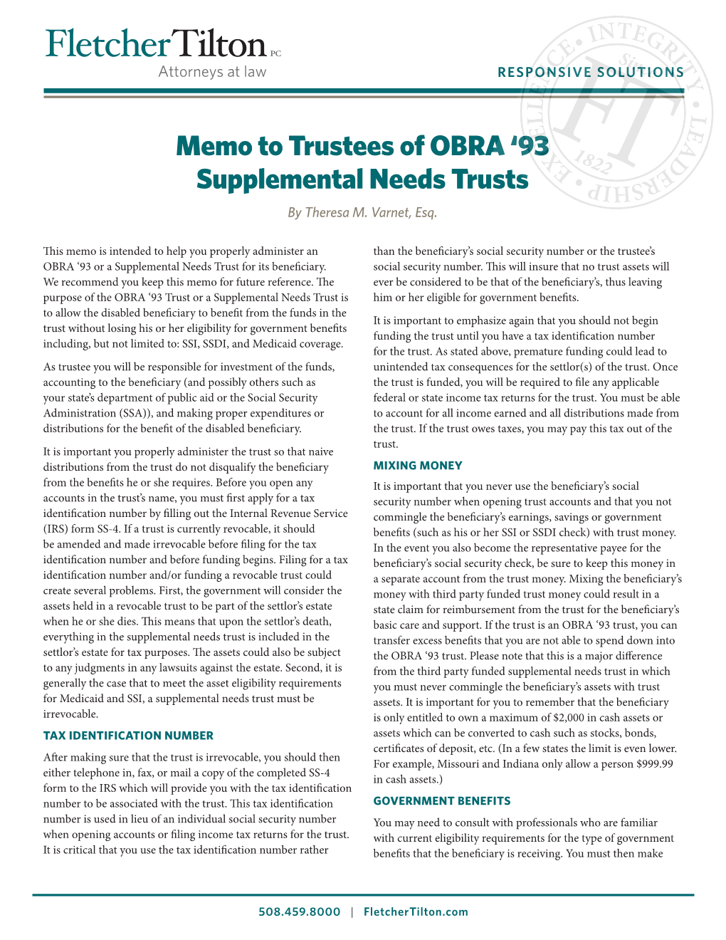 Memo to Trustees of OBRA '93 Supplemental Needs Trusts