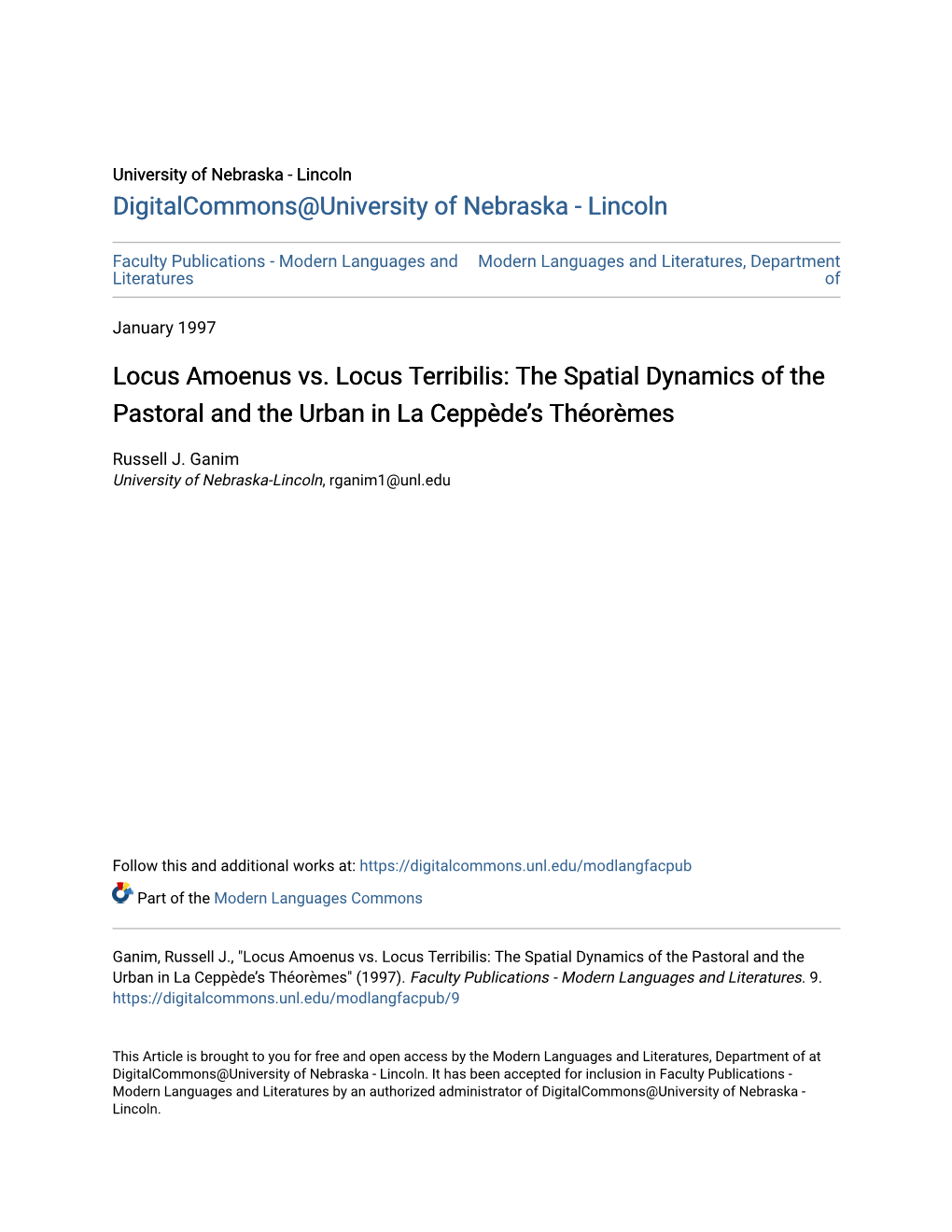 Locus Amoenus Vs. Locus Terribilis: the Spatial Dynamics of the Pastoral and the Urban in La Ceppède’S Théorèmes