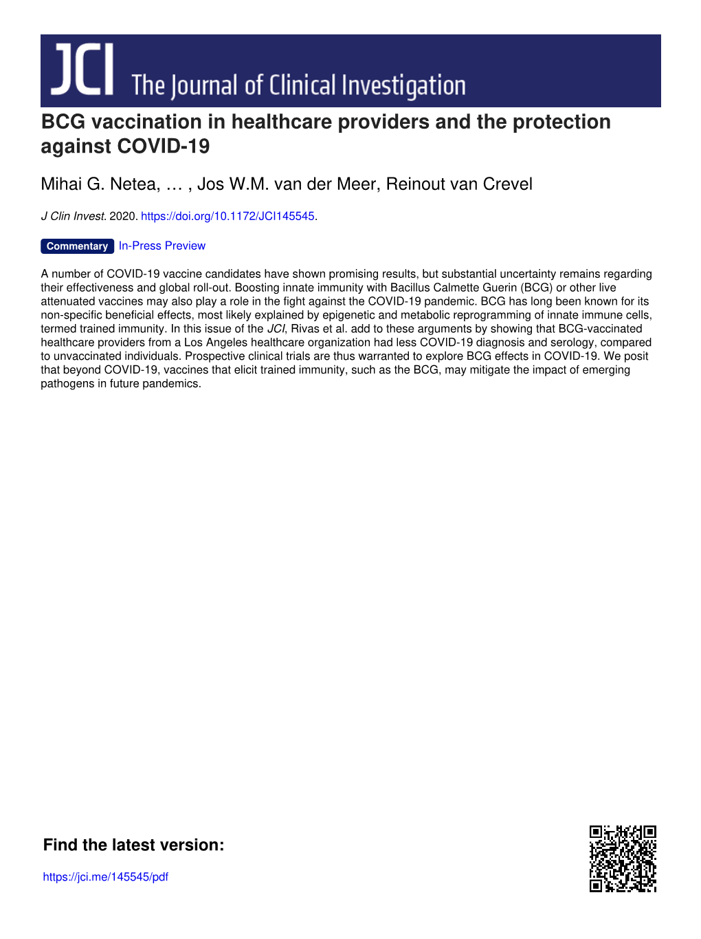 BCG Vaccination in Healthcare Providers and the Protection Against COVID-19