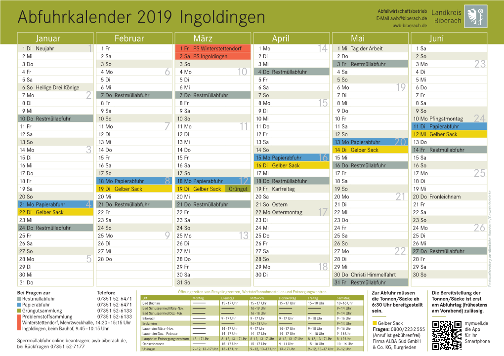 Abfuhrkalender 2019 Ingoldingen