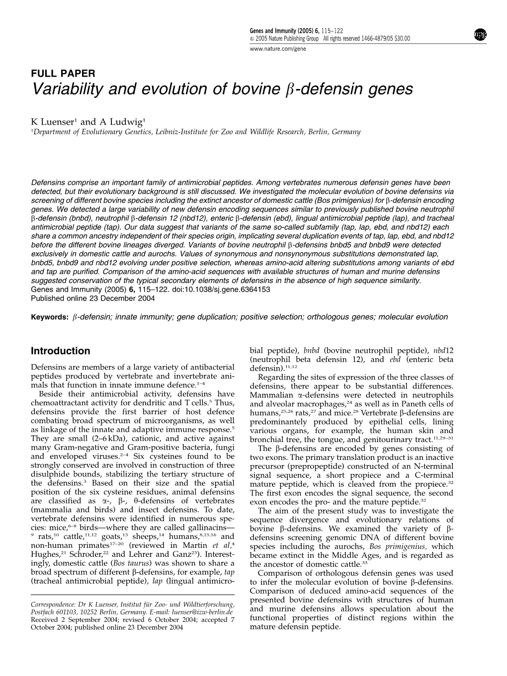 Variability and Evolution of Bovine Β-Defensin Genes