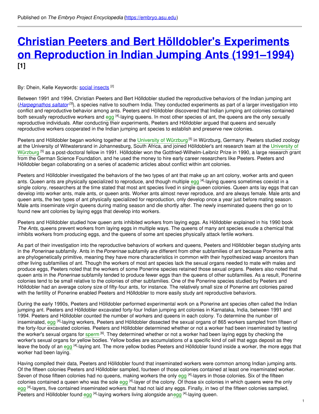 Christian Peeters and Bert Hölldobler's Experiments on Reproduction in Indian Jumping Ants (1991–1994) [1]
