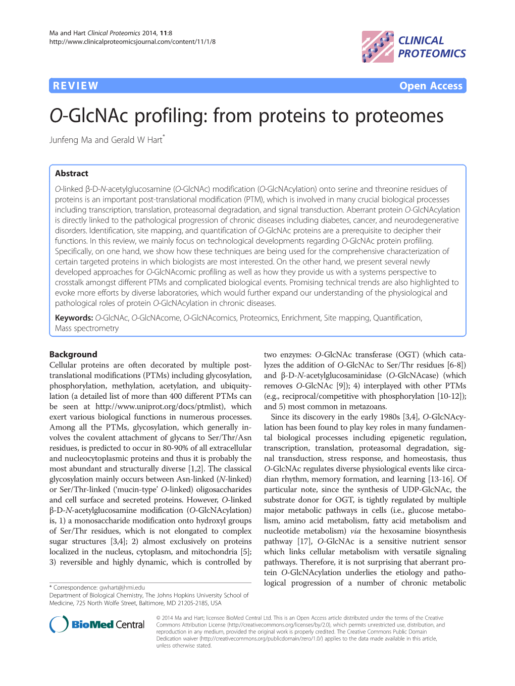 O-Glcnac Profiling: from Proteins to Proteomes Junfeng Ma and Gerald W Hart*