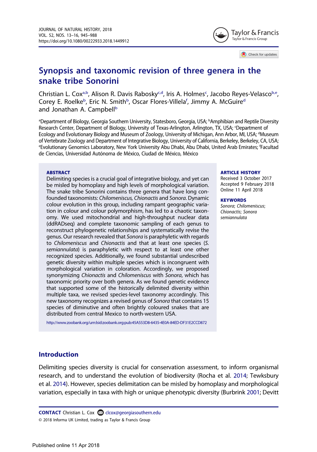 Synopsis and Taxonomic Revision of Three Genera in the Snake Tribe Sonorini Christian L