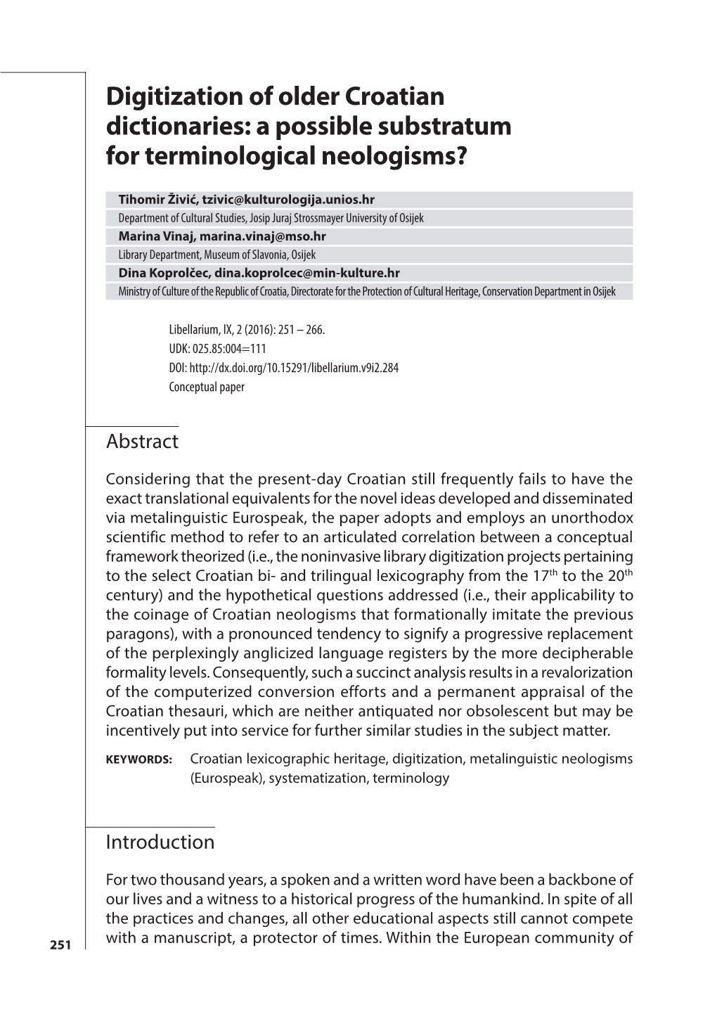 Digitization of Older Croatian Dictionaries: a Possible Substratum for Terminological Neologisms?