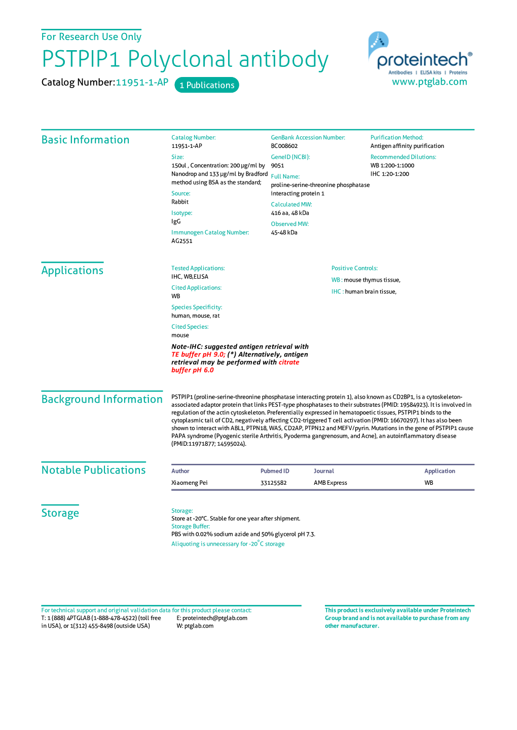 PSTPIP1 Polyclonal Antibody Catalog Number:11951-1-AP 1 Publications