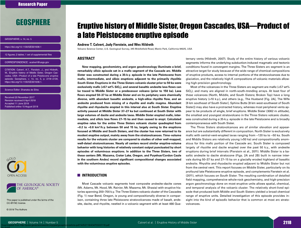 Eruptive History of Middle Sister, Oregon Cascades, USA—Product Of