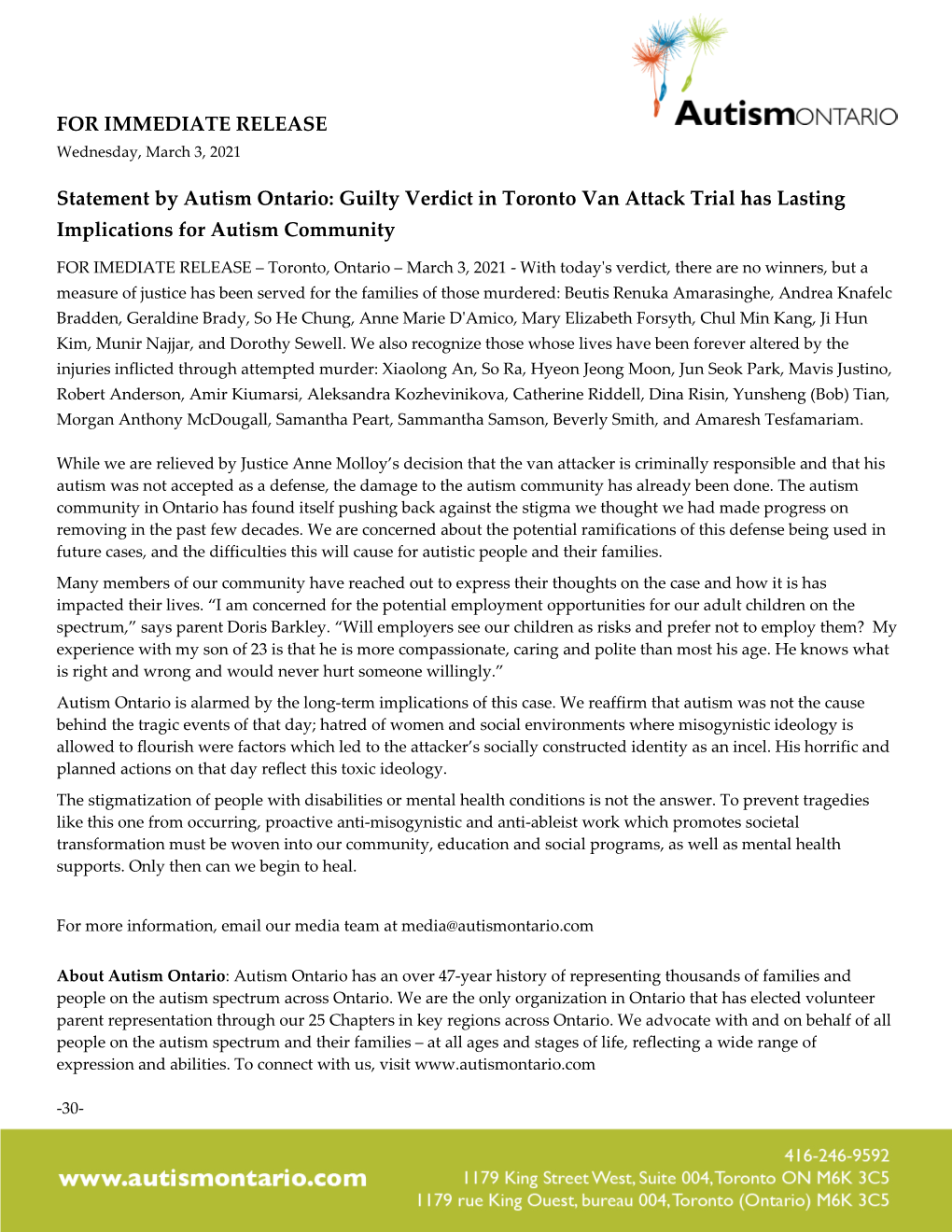 FOR IMMEDIATE RELEASE Statement by Autism Ontario: Guilty Verdict in Toronto Van Attack Trial Has Lasting Implications for Autis