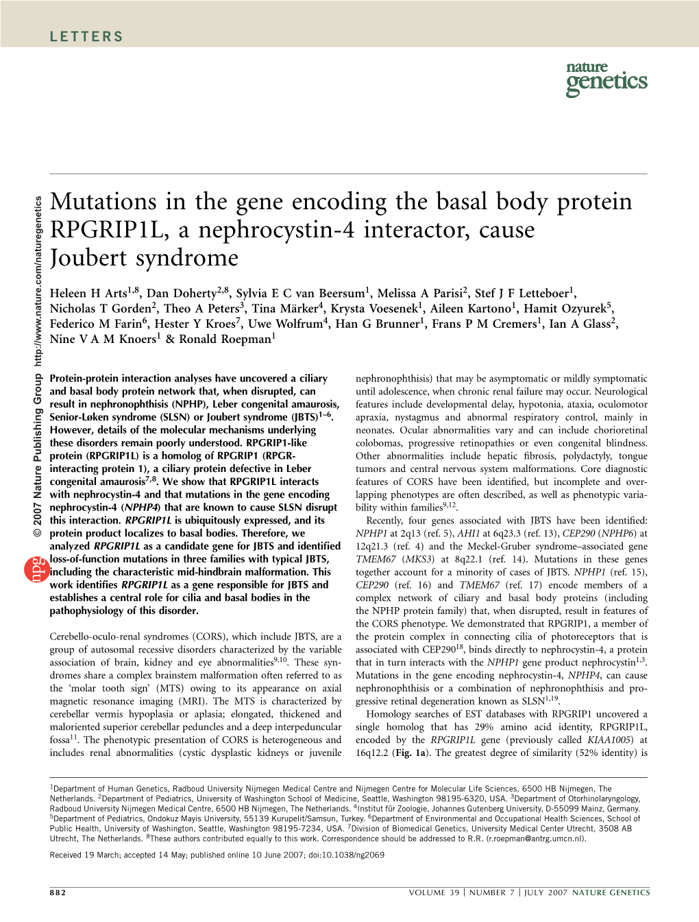 Mutations in the Gene Encoding the Basal Body Protein RPGRIP1L, a Nephrocystin-4 Interactor, Cause Joubert Syndrome