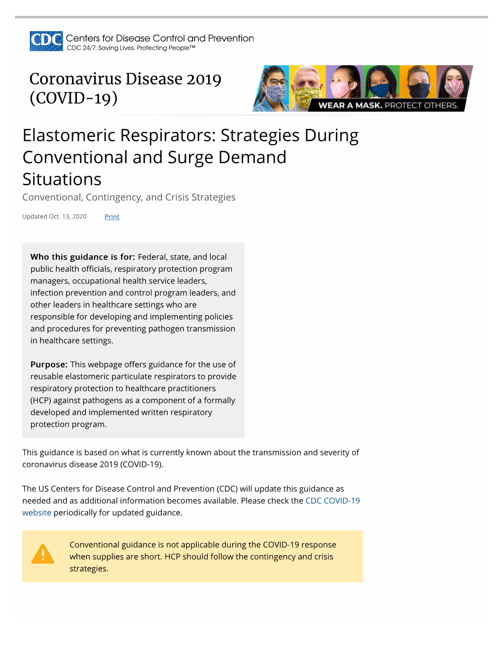 Elastomeric Respirators: Strategies During Conventional and Surge Demand Situations Conventional, Contingency, and Crisis Strategies