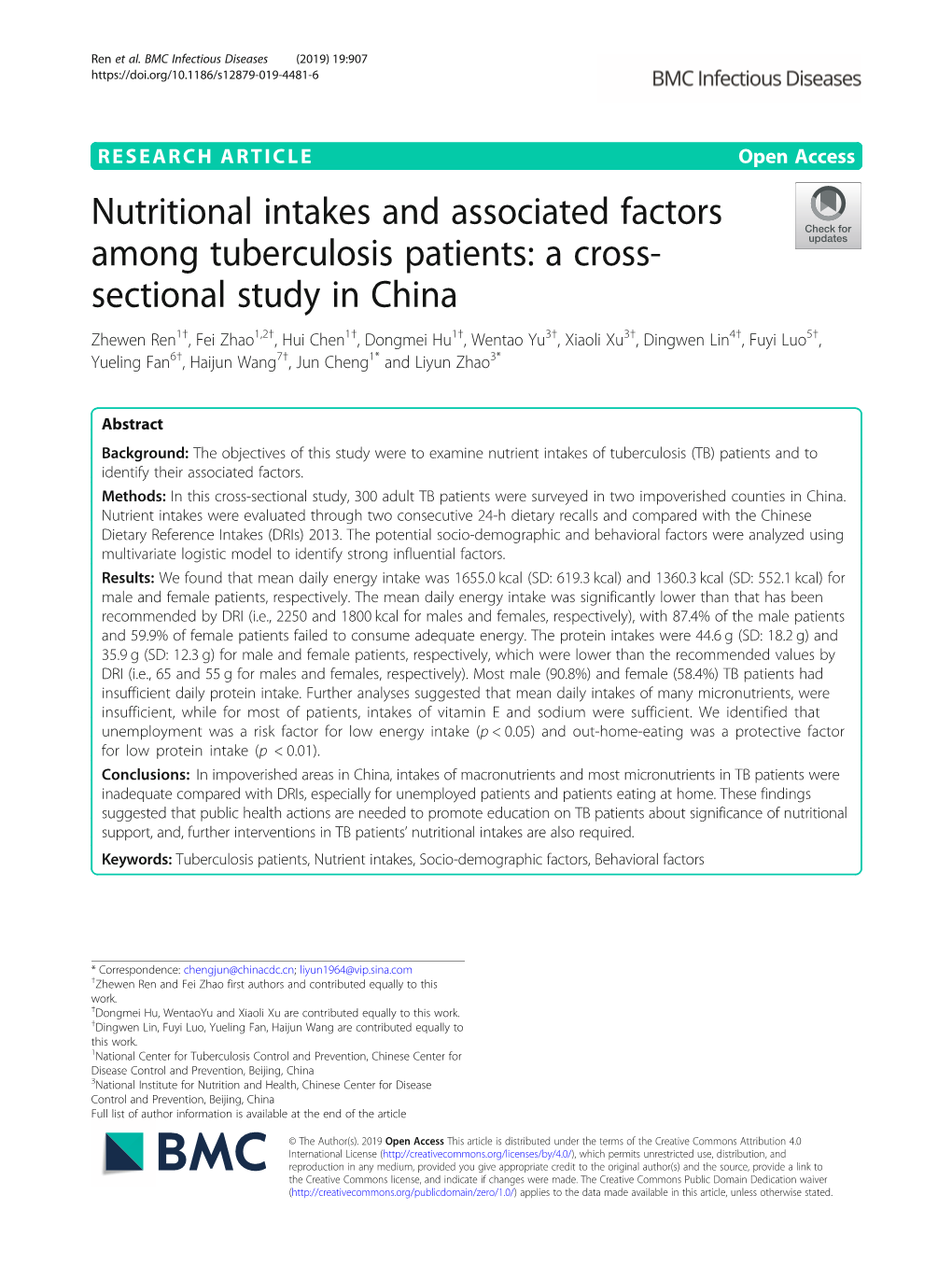 Nutritional Intakes and Associated Factors Among Tuberculosis Patients: a Cross-Sectional Study in China