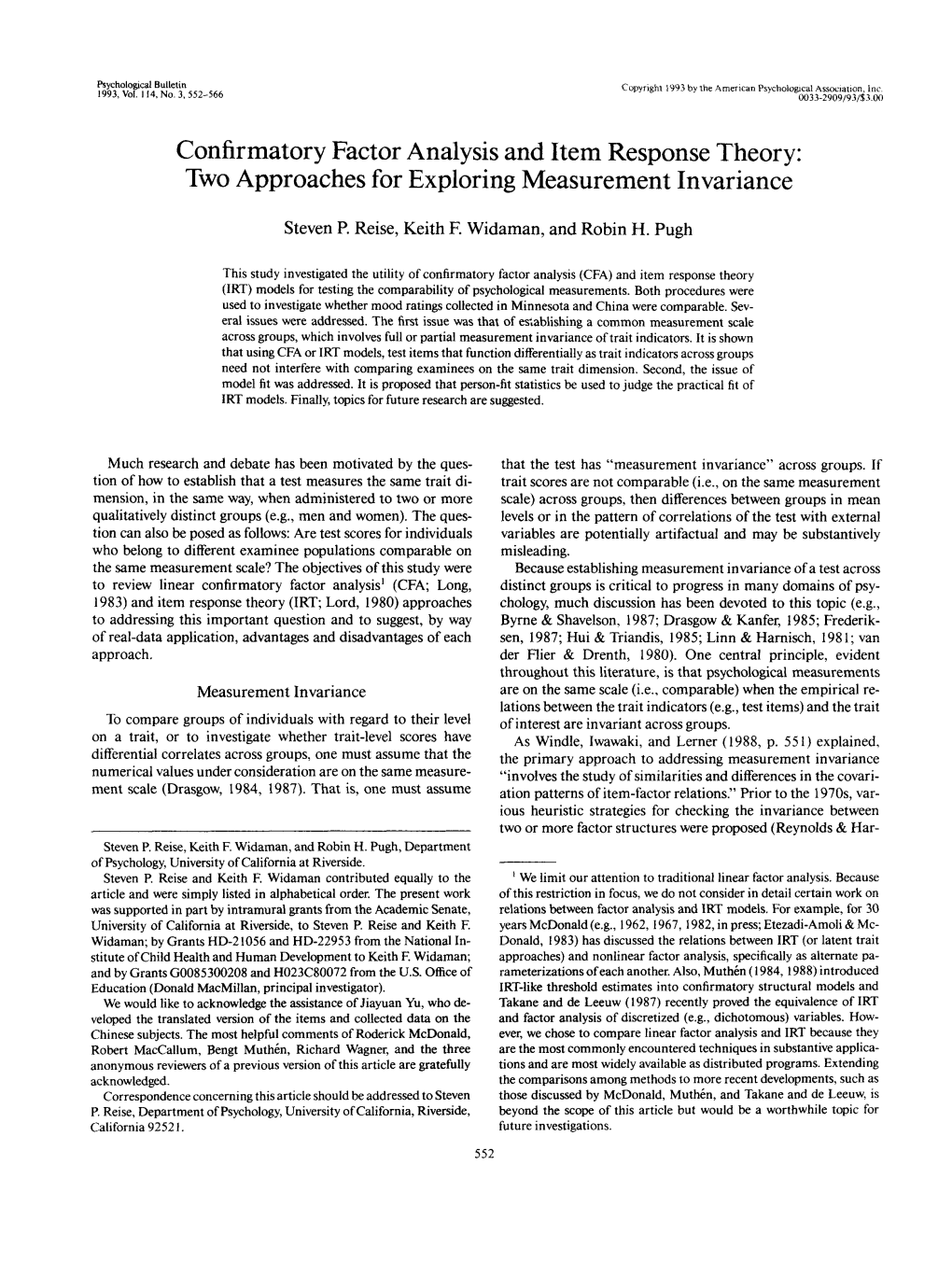 Confirmatory Factor Analysis and Item Response Theory: Two Approaches for Exploring Measurement Invariance