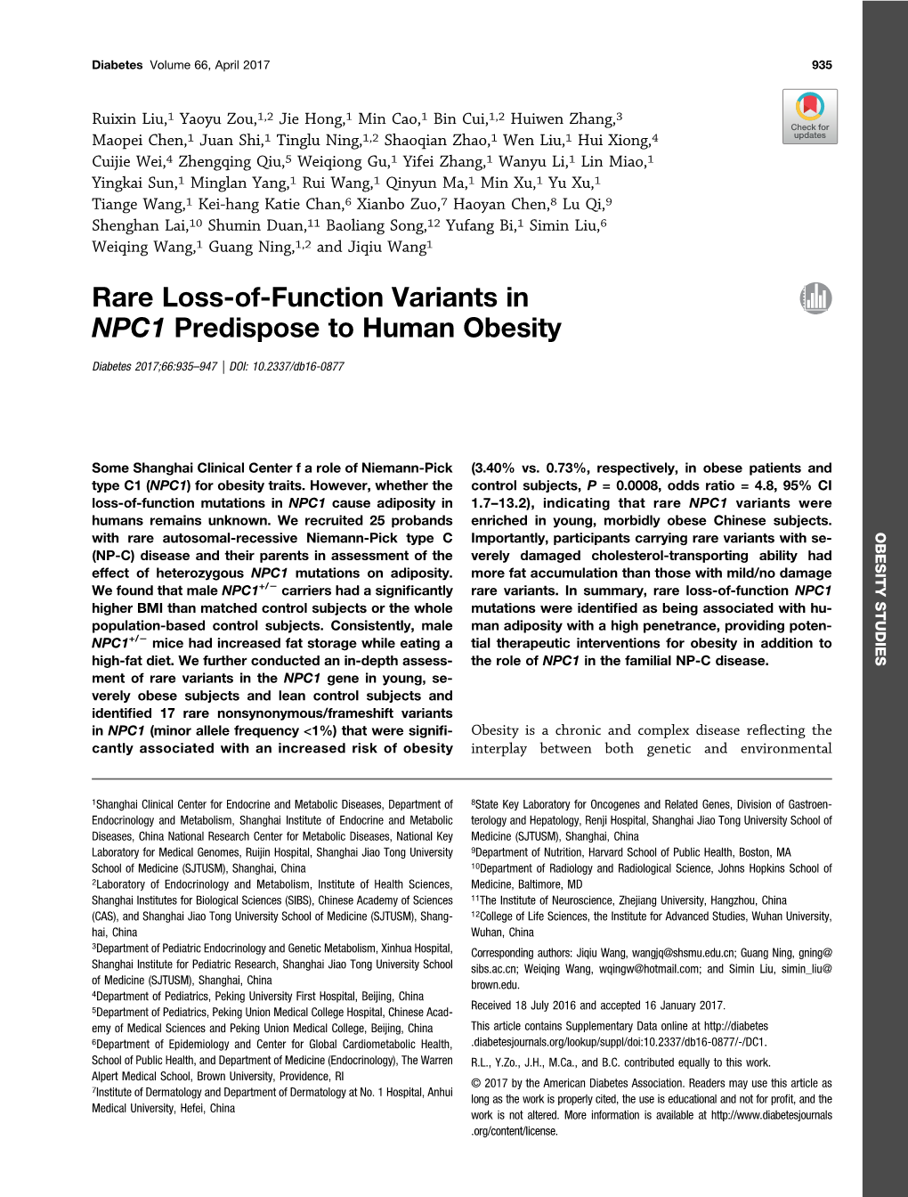 Rare Loss-Of-Function Variants in NPC1 Predispose to Human Obesity