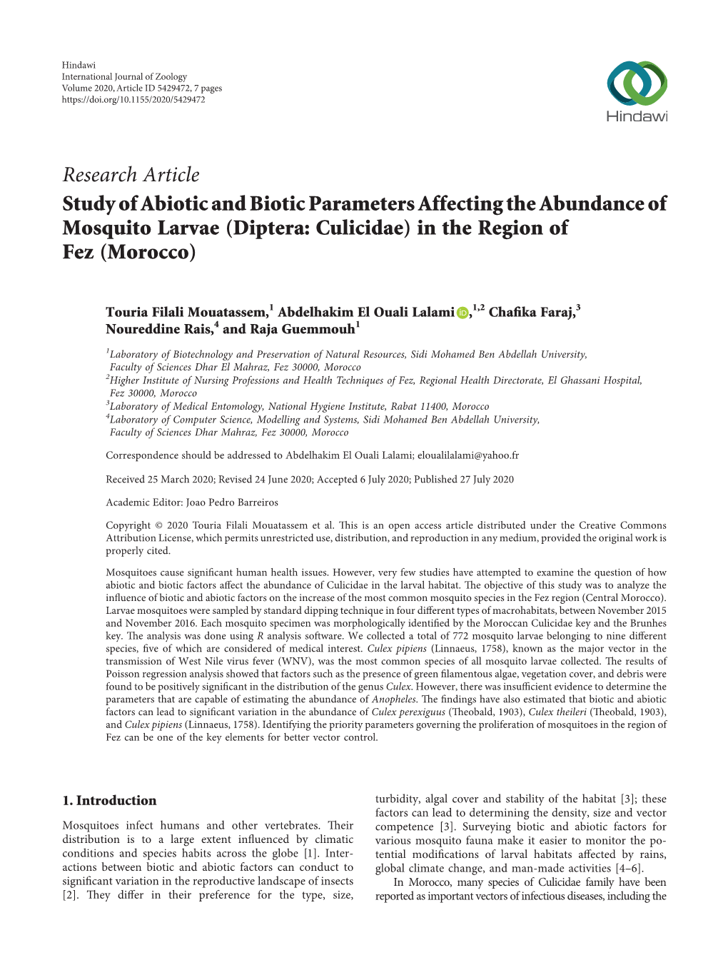 Study of Abiotic and Biotic Parameters Affecting the Abundance of Mosquito Larvae (Diptera: Culicidae) in the Region of Fez (Morocco)