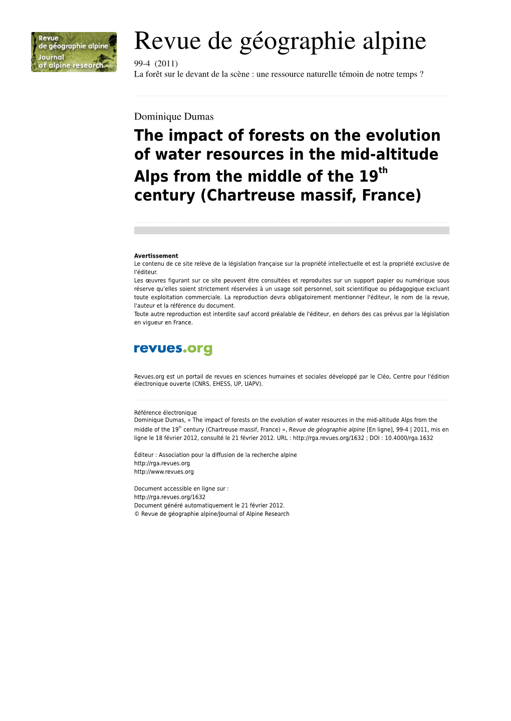 The Impact of Forests on the Evolution of Water Resources in the Mid-Altitude Alps from the Middle of the 19Th Century (Chartreuse Massif, France)