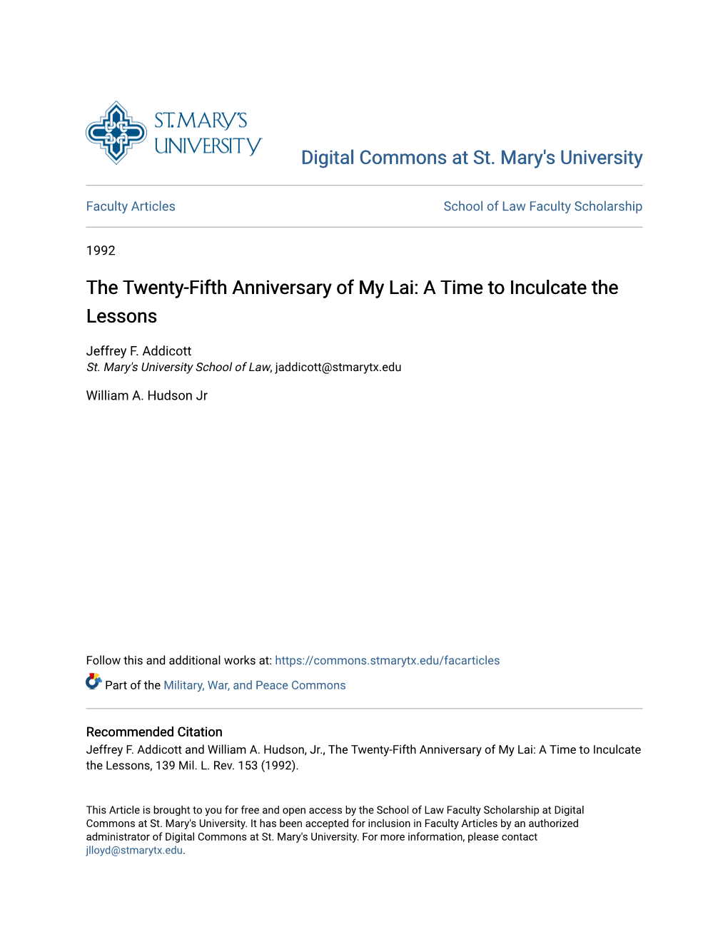 The Twenty-Fifth Anniversary of My Lai: a Time to Inculcate the Lessons