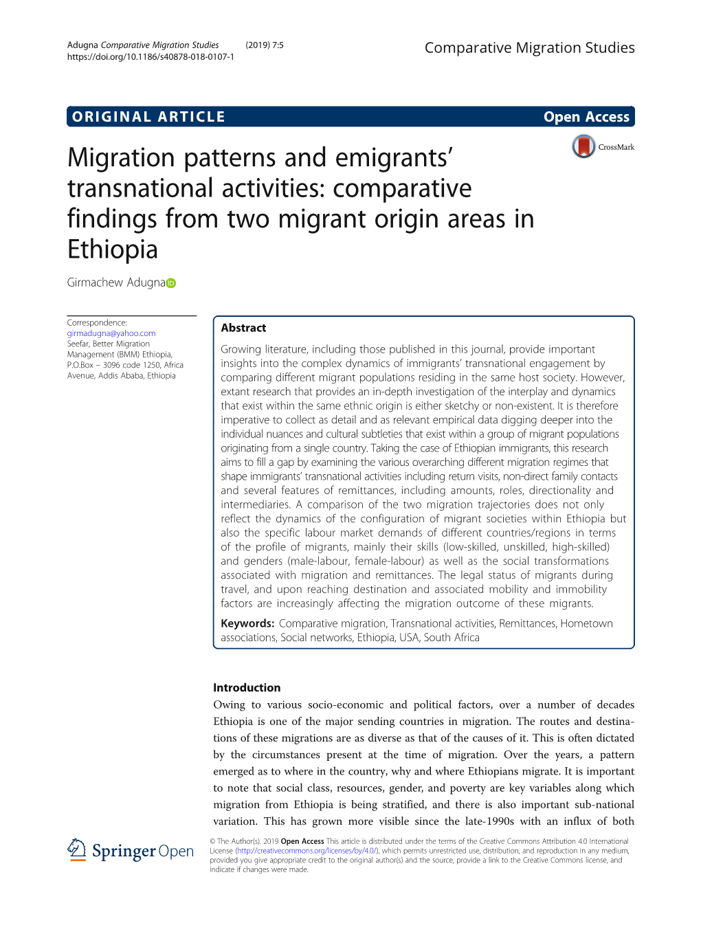 Comparative Findings from Two Migrant Origin Areas in Ethiopia Girmachew Adugna