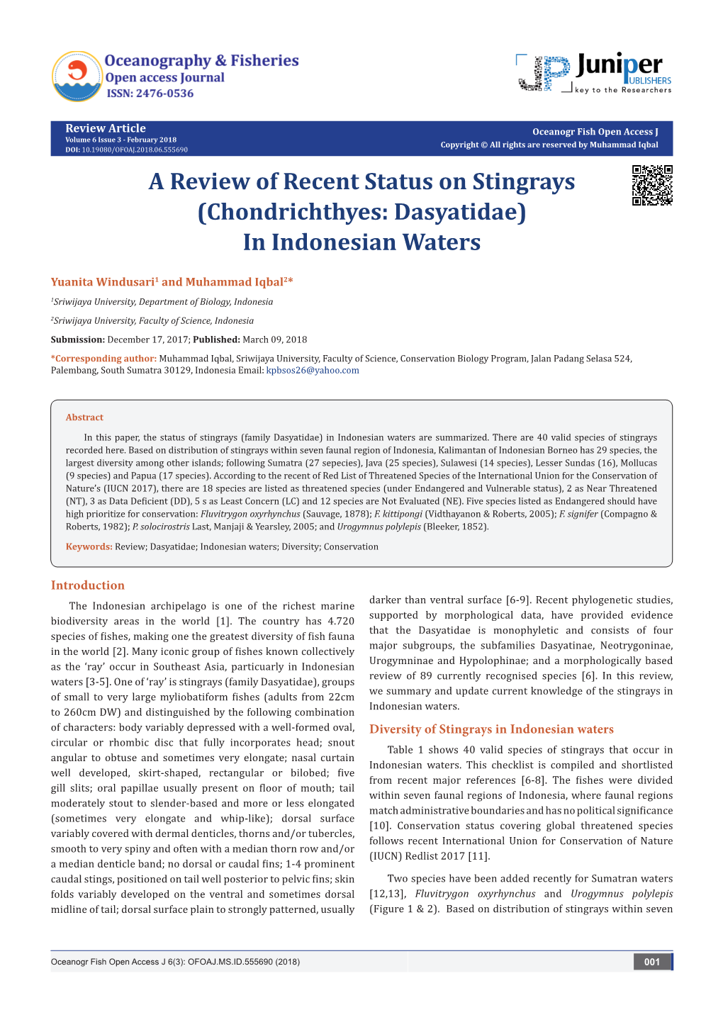 (Chondrichthyes: Dasyatidae) in Indonesian Waters