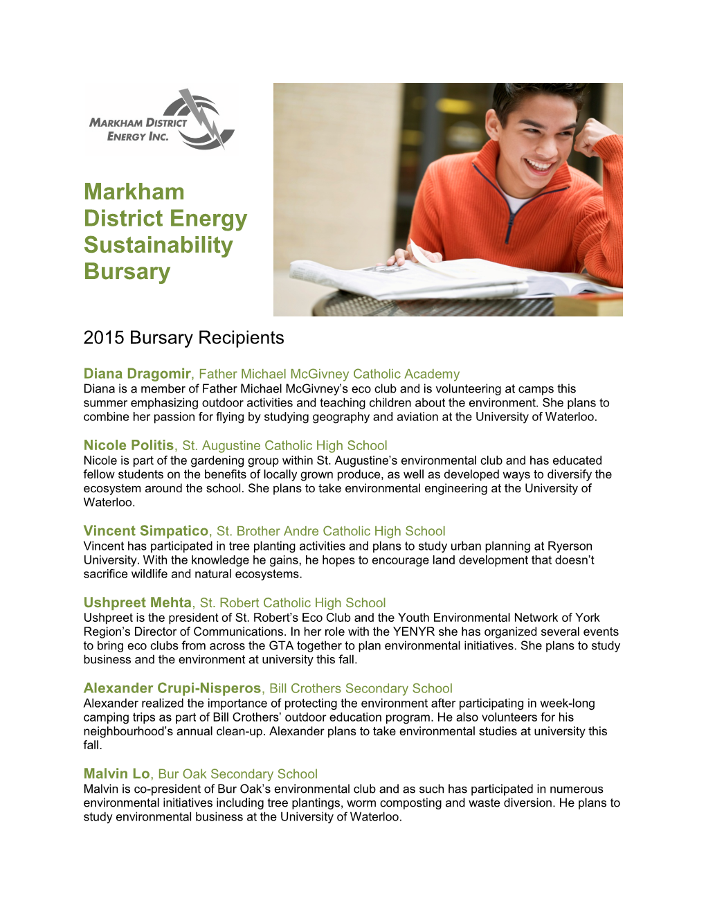 Markham District Energy Sustainability Bursary