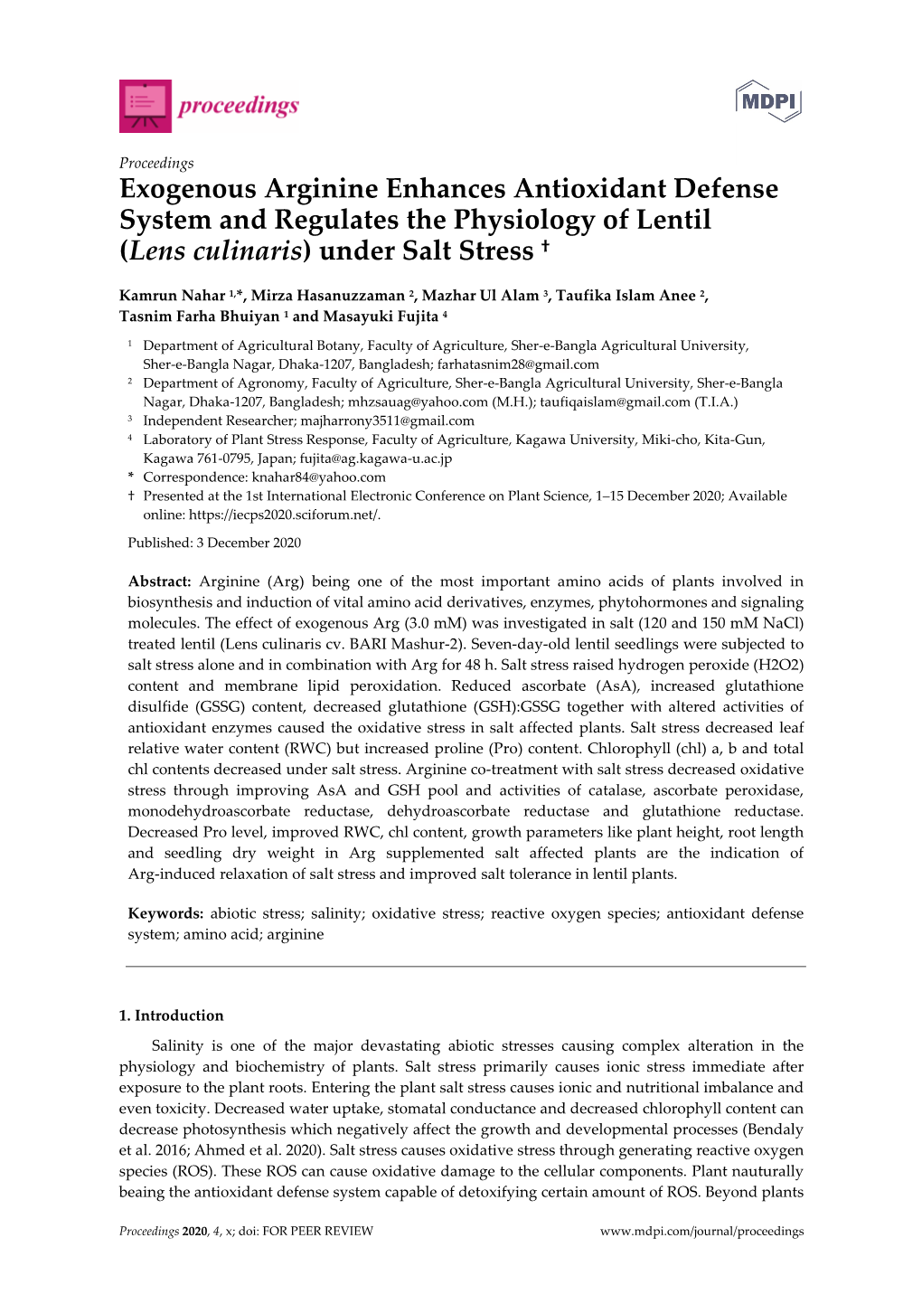 Exogenous Arginine Enhances Antioxidant Defense System and Regulates the Physiology of Lentil (Lens Culinaris) Under Salt Stress †