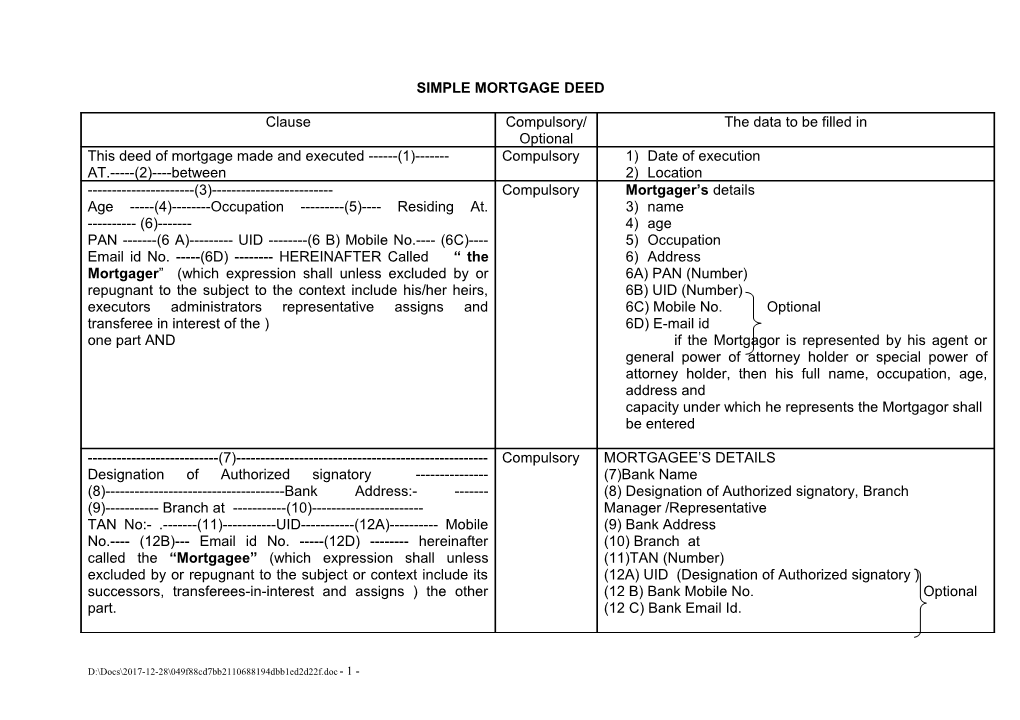 Simple Mortgage Deed