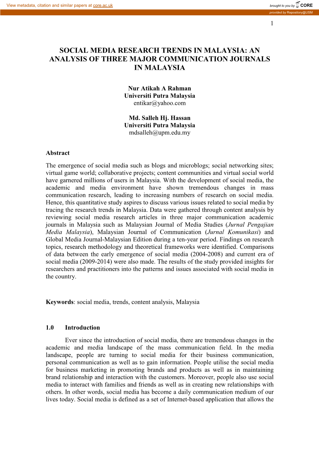 Social Media Research Trends in Malaysia: an Analysis of Three Major Communication Journals in Malaysia