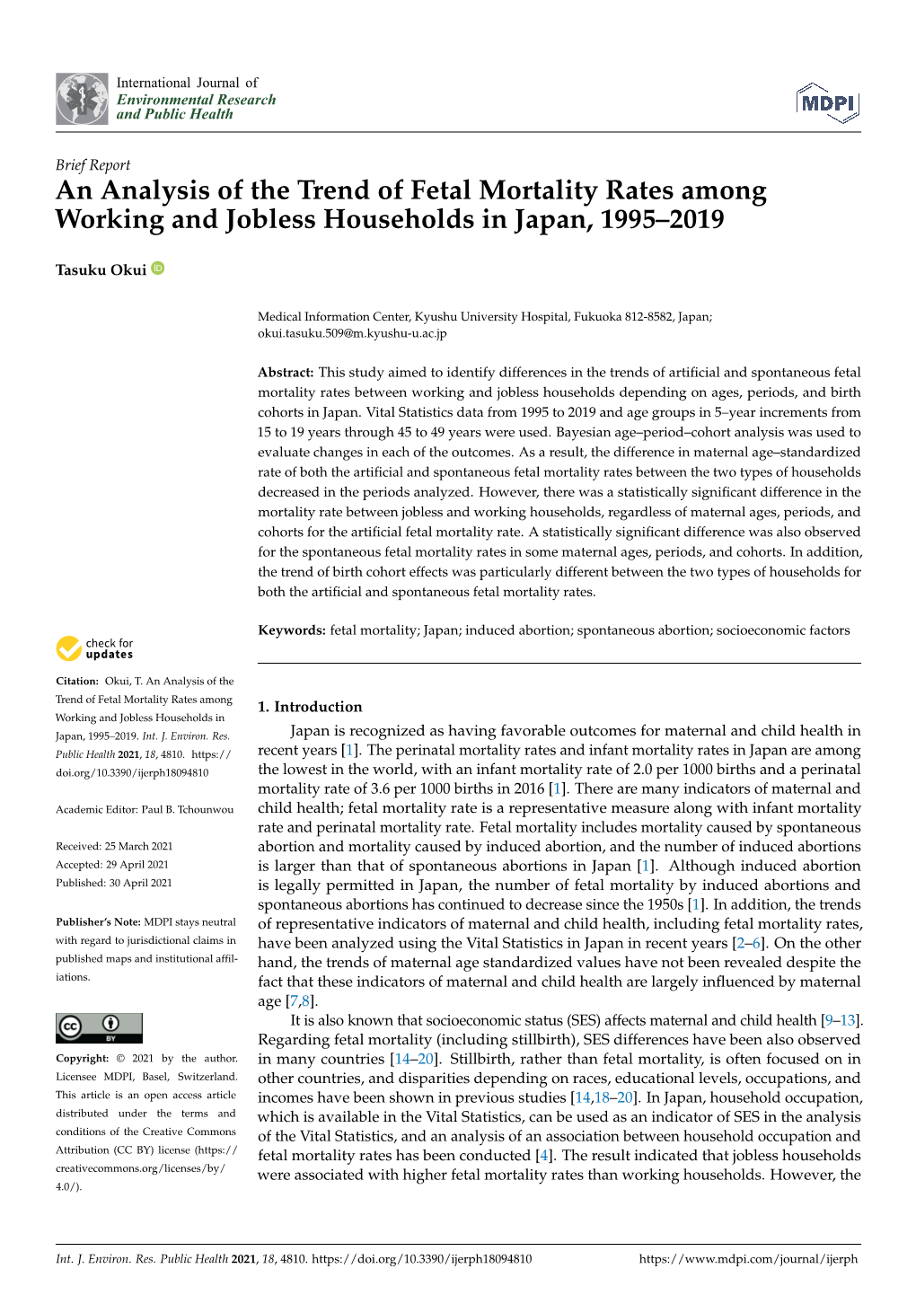An Analysis of the Trend of Fetal Mortality Rates Among Working and Jobless Households in Japan, 1995–2019