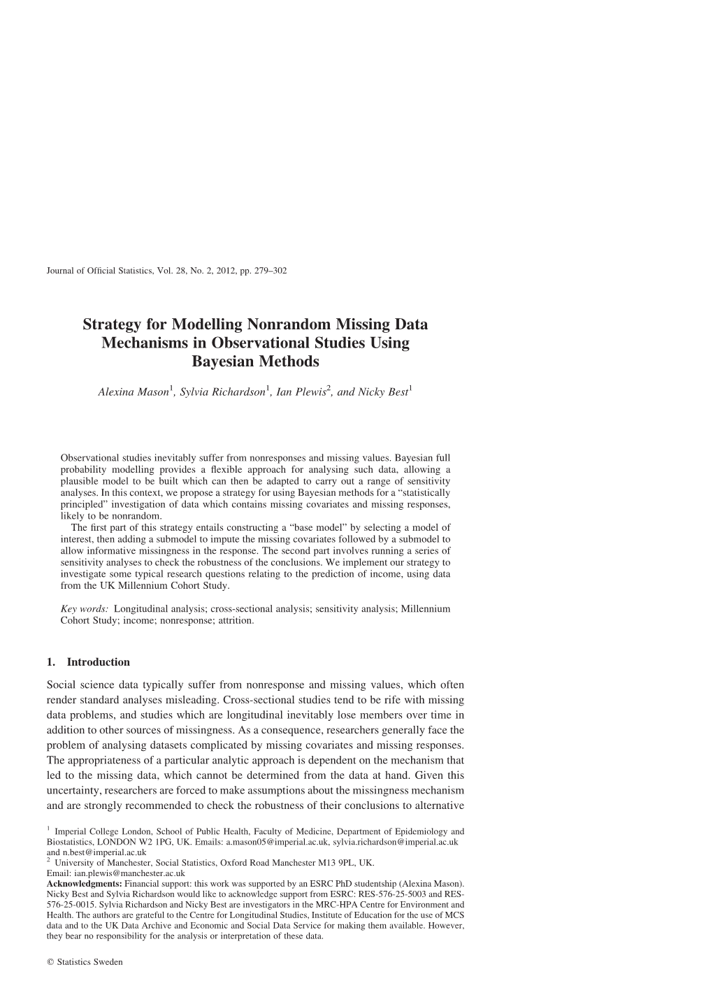Strategy for Modelling Nonrandom Missing Data Mechanisms in Observational Studies Using Bayesian Methods