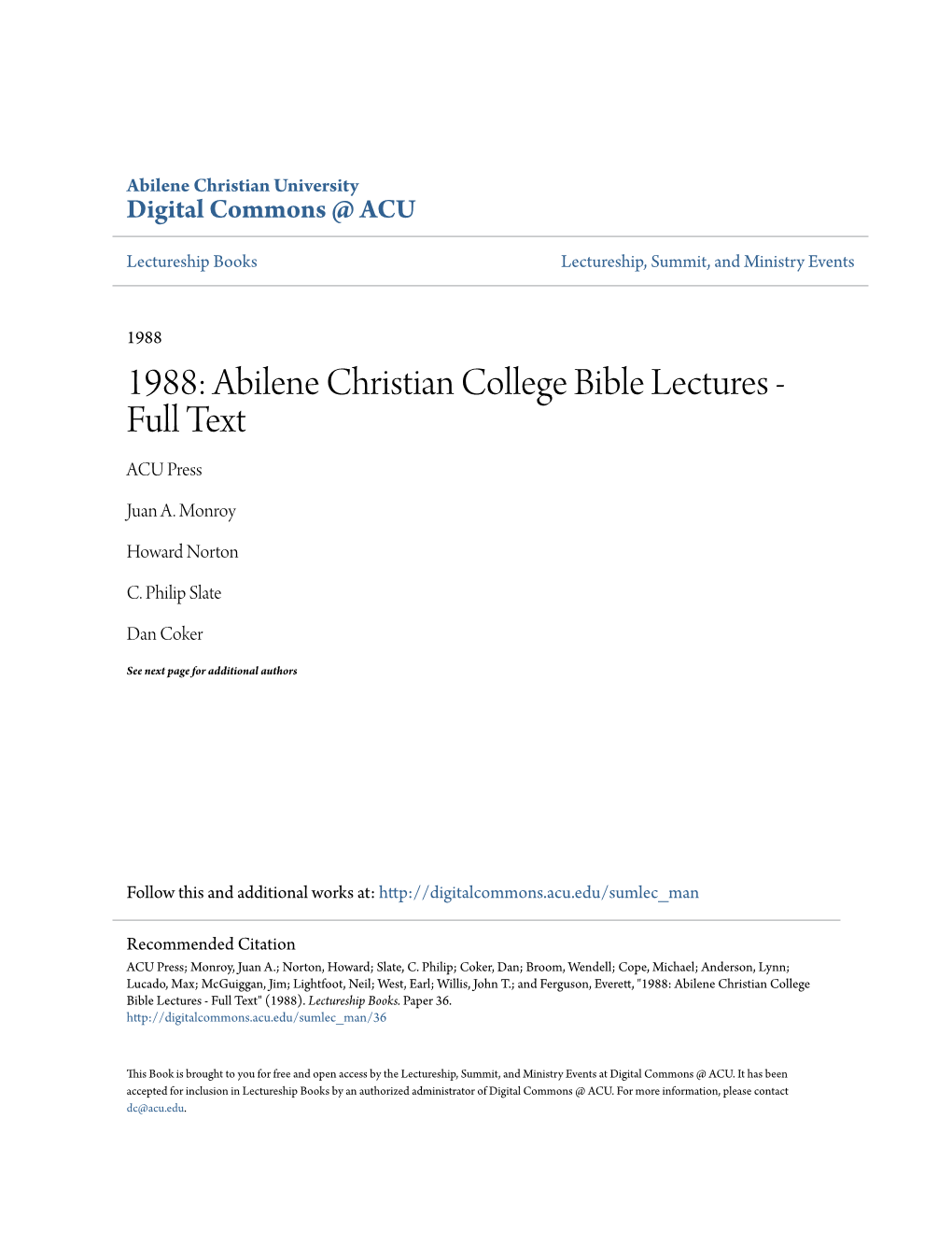 1988: Abilene Christian College Bible Lectures - Full Text ACU Press