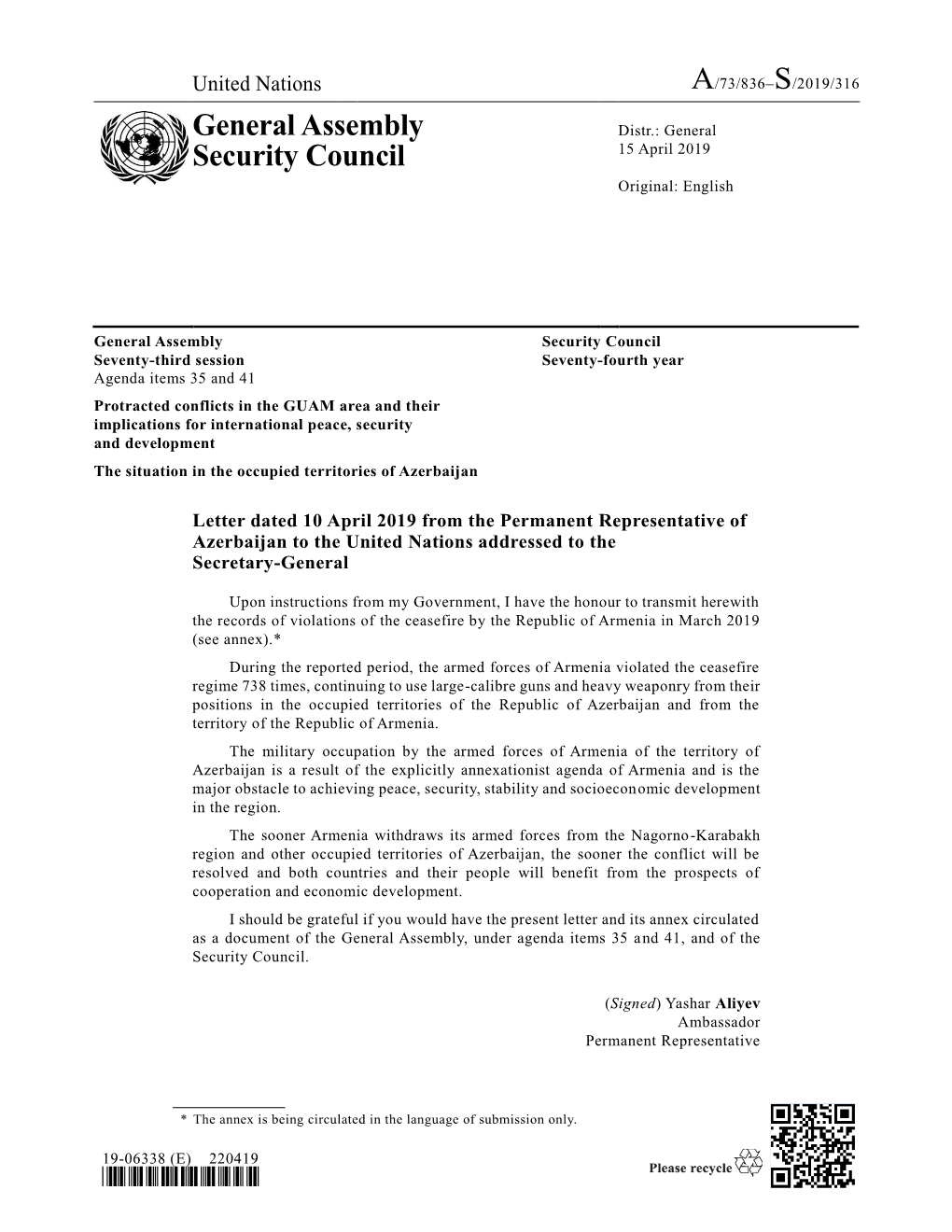 General Assembly Security Council Seventy-Third Session Seventy-Fourth Year Agenda Items 35 and 41