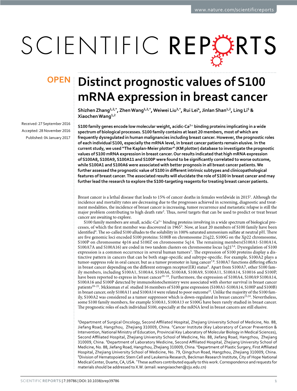 Distinct Prognostic Values of S100 Mrna Expression in Breast Cancer