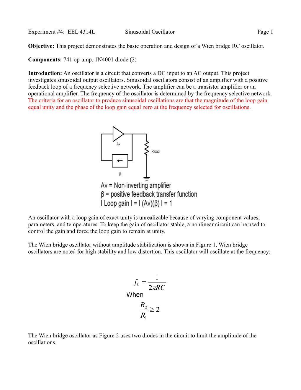 Objective: This Project Will Demonstrate the Basic Operation and Design of a Wien Bridge