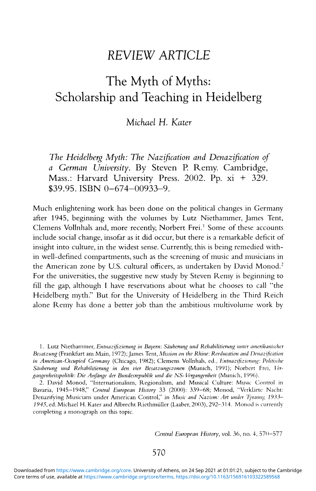 The Myth of Myths: Scholarship and Teaching in Heidelberg