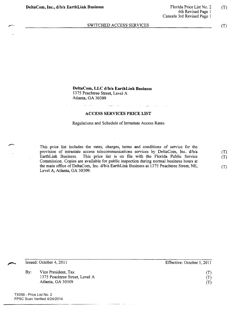 Deltacom, Inc., D/B/A Earthlink Business Florida Price List No. 2 (T) 4Th Revised Page I Cancels 3Rd Revised Page I