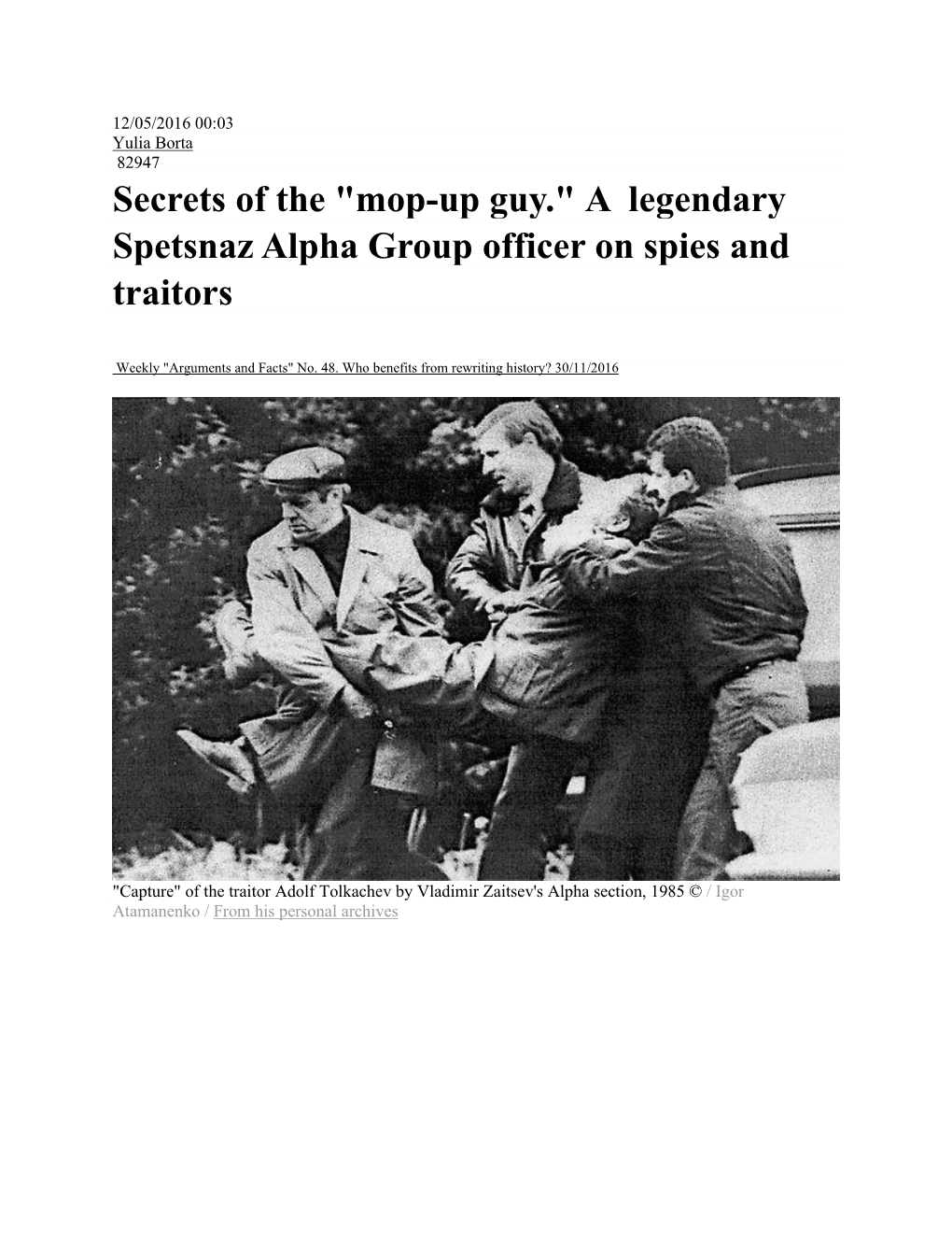 Secrets of the "Mop-Up Guy." a Legendary Spetsnaz Alpha Group Officer on Spies and Traitors