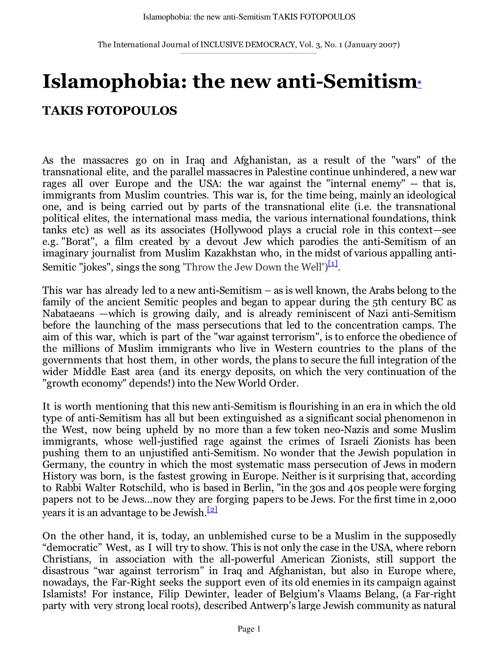 Islamophobia: the New Anti-Semitism TAKIS FOTOPOULOS