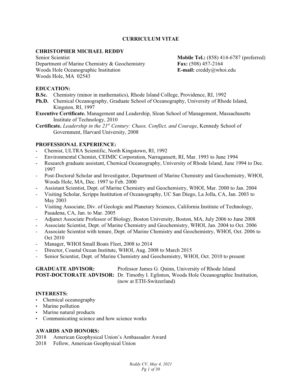 Curriculum Vitae Christopher Michael Reddy