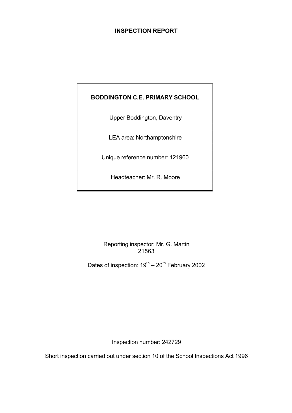 Inspection Report Boddington C.E. Primary