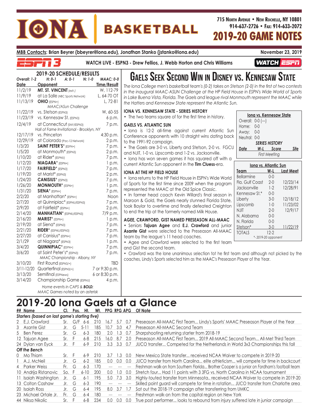 2019-20 Game Notes