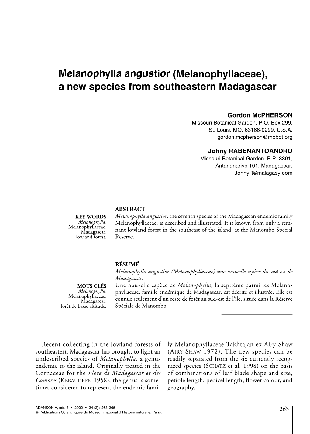 Melanophylla Angustior (Melanophyllaceae), a New Species from Southeastern Madagascar