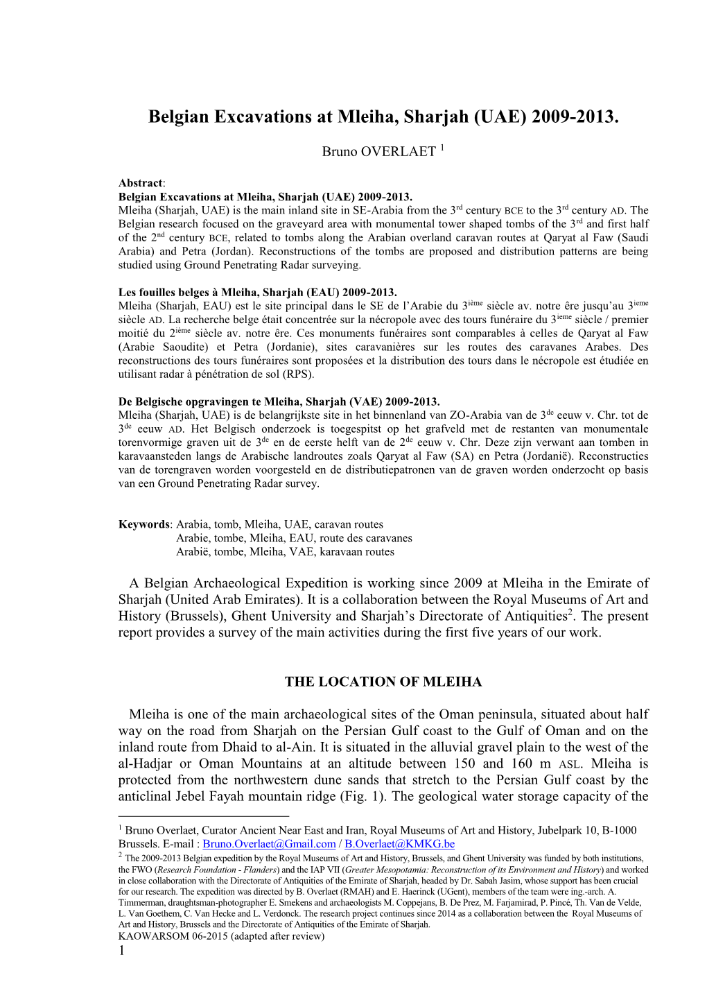 Belgian Excavations at Mleiha, Sharjah (UAE) 2009-2013