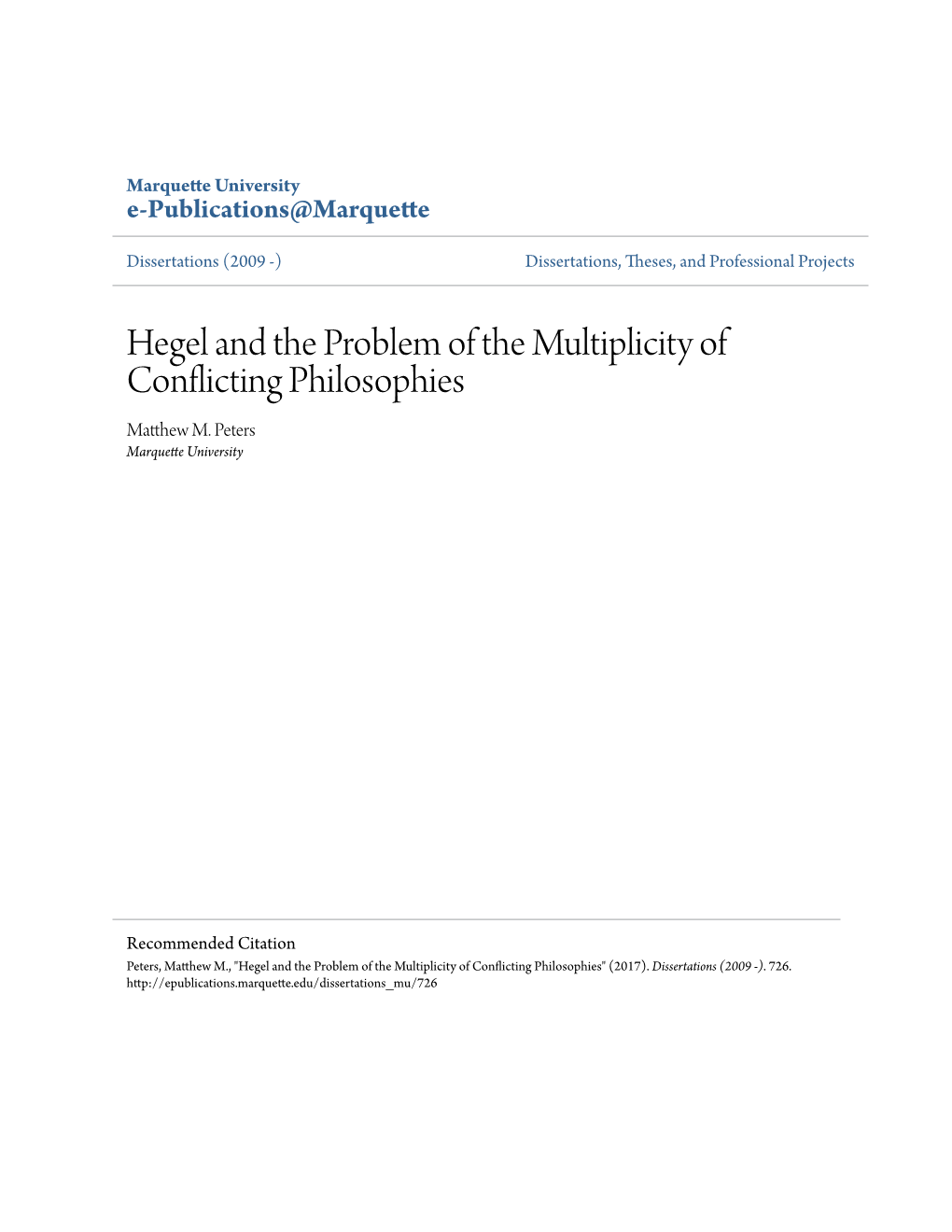 Hegel and the Problem of the Multiplicity of Conflicting Philosophies Matthew M