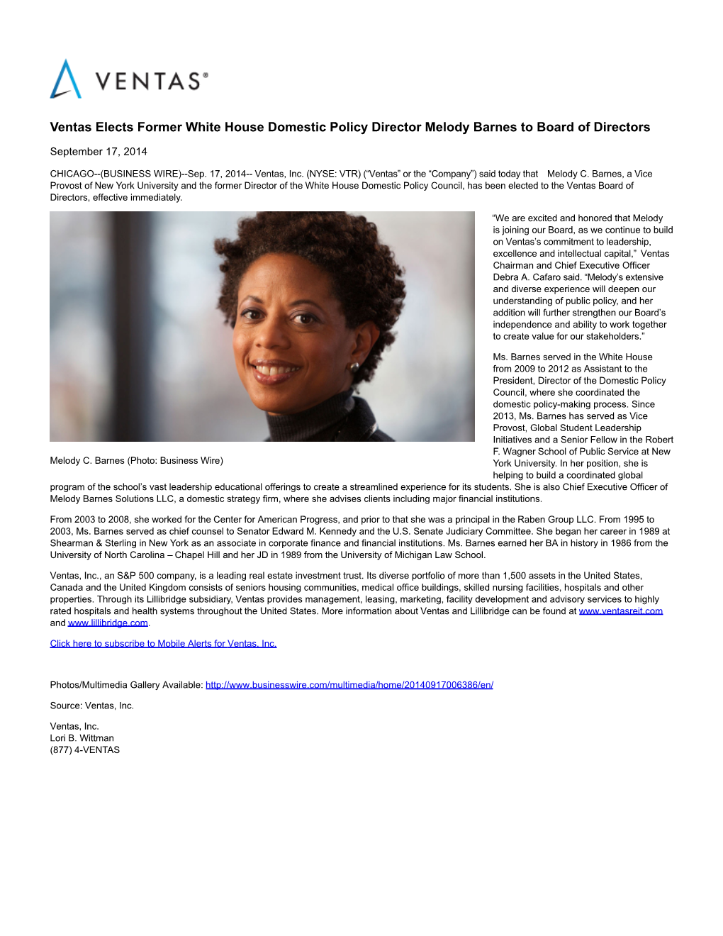 Ventas Elects Former White House Domestic Policy Director Melody Barnes to Board of Directors