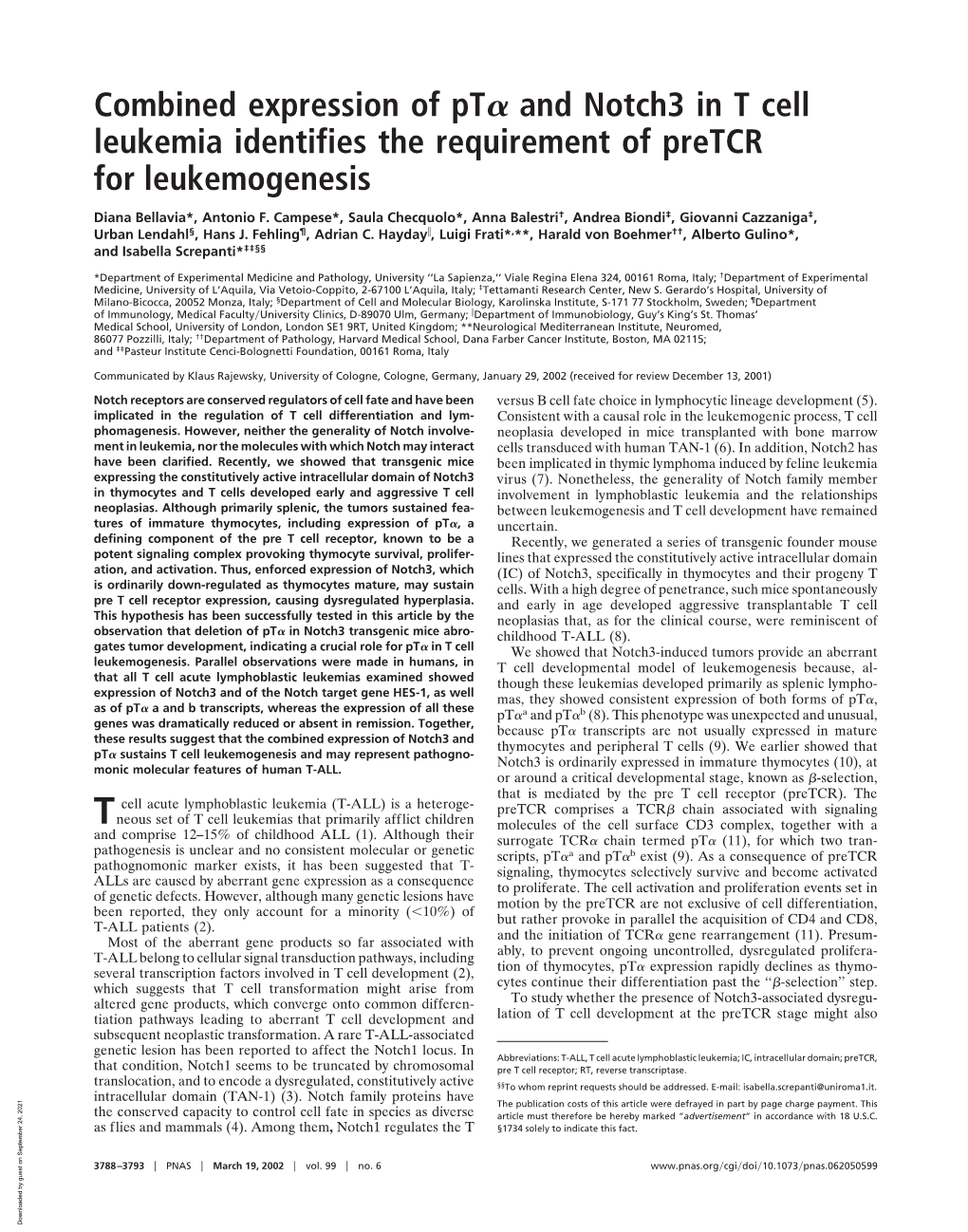 Combined Expression of Pt and Notch3 in T Cell Leukemia Identifies