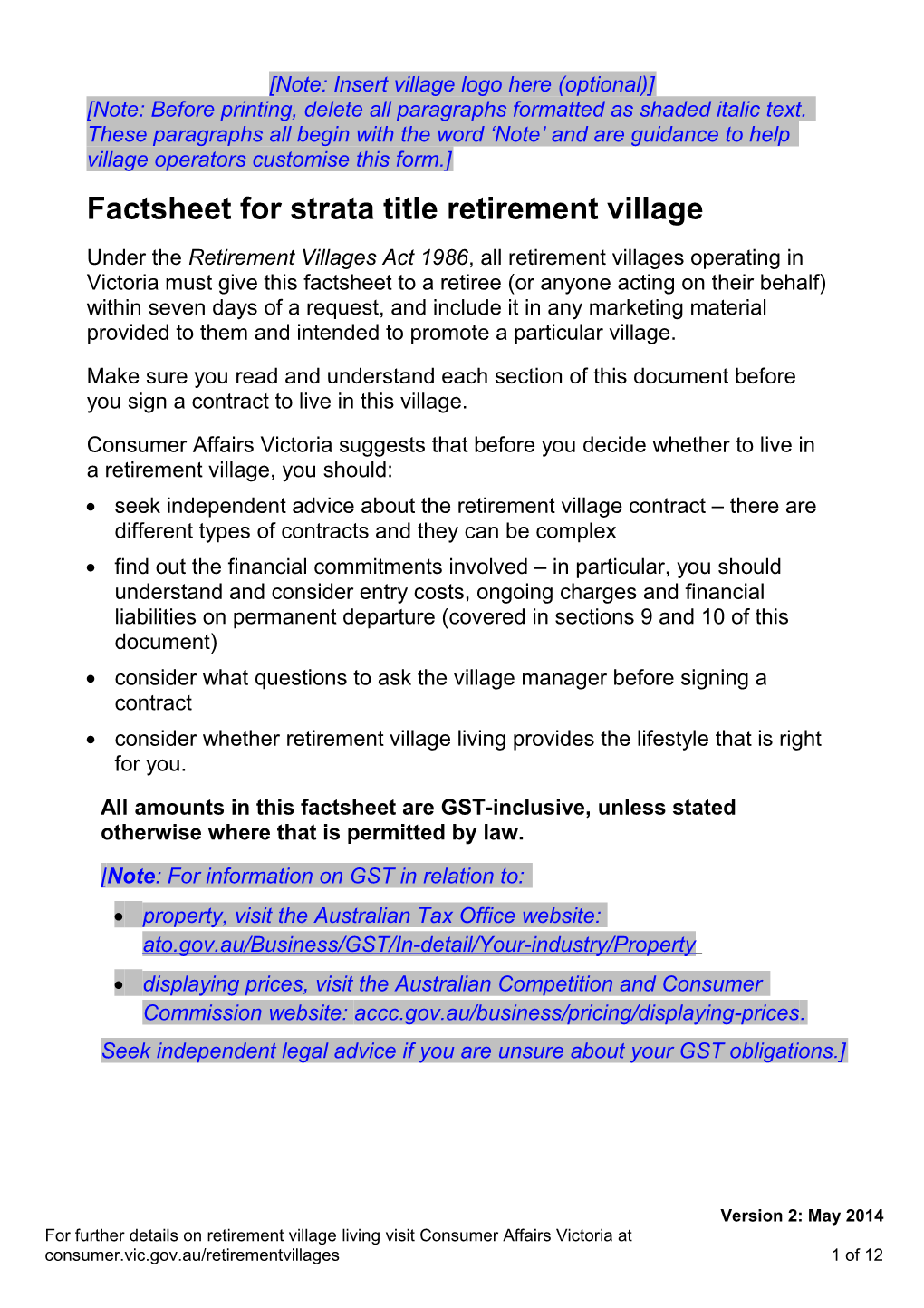 Factsheet for Strata Title Retirement Village