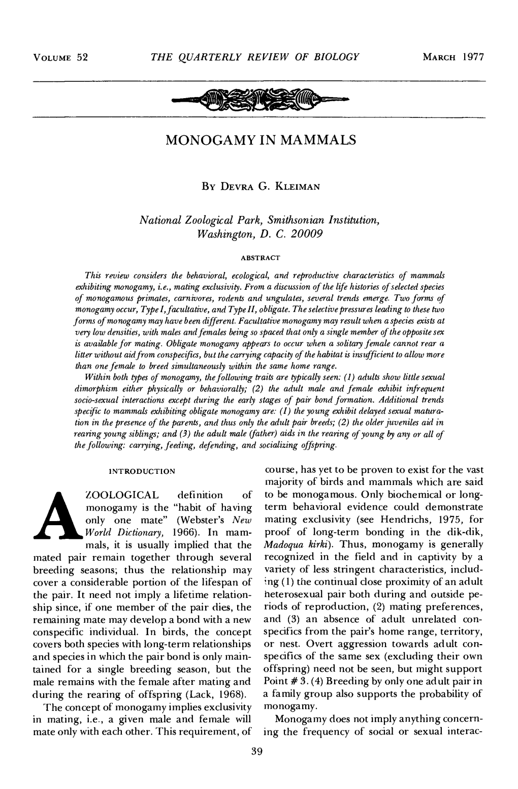 Monogamy in Mammals