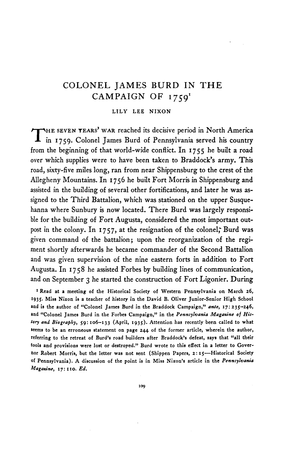 Colonel James Burd in the Campaign of 1759 1 Lily Lee Nixon