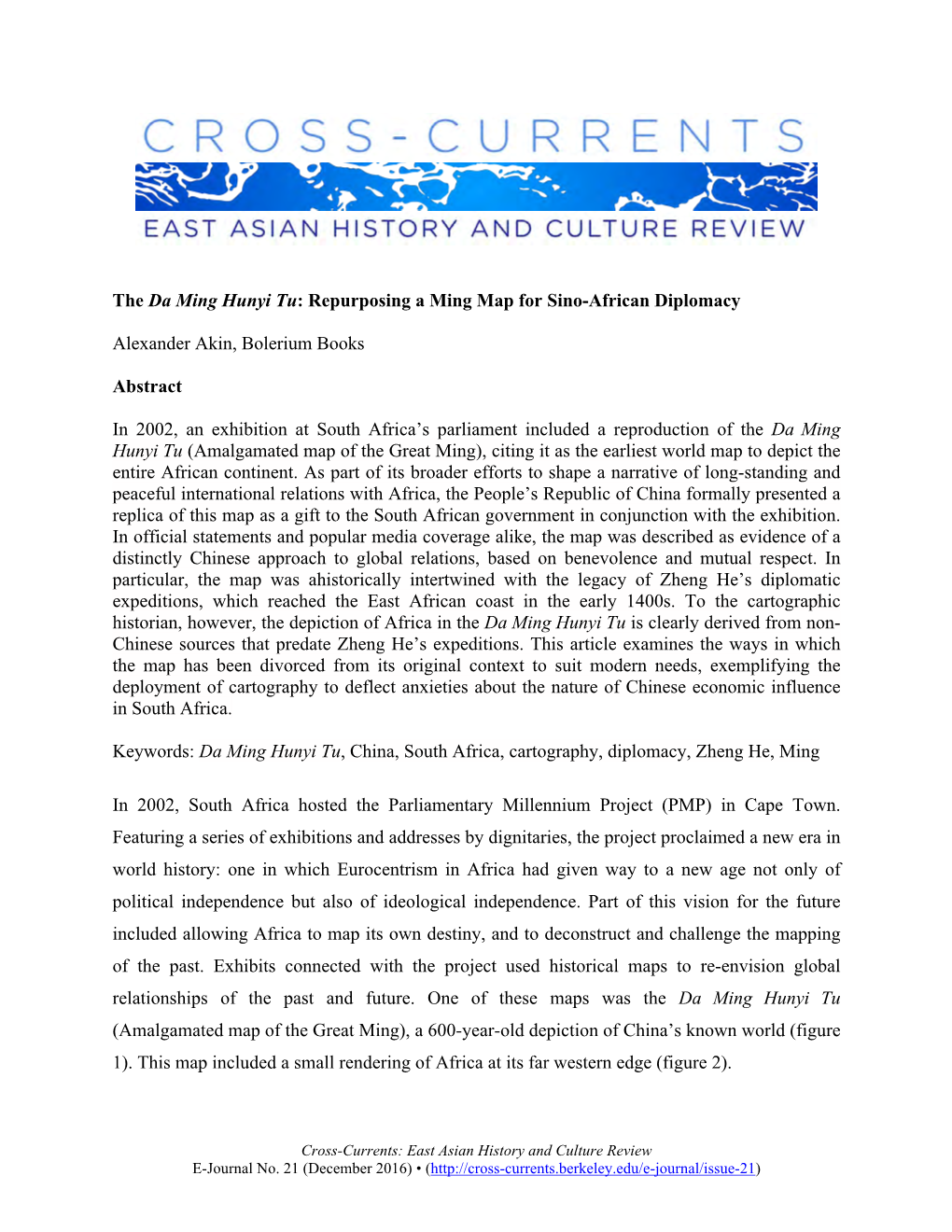 The Da Ming Hunyi Tu: Repurposing a Ming Map for Sino-African Diplomacy
