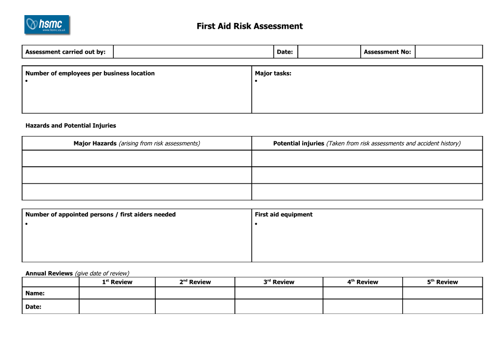 Blank First Aid Risk Assessment Form Docslib