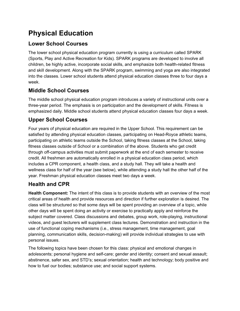 Physical Education Lower School Courses